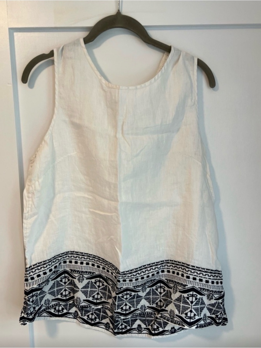 Women’s Linen White Sleeveless Top With Black Embroidered Trim